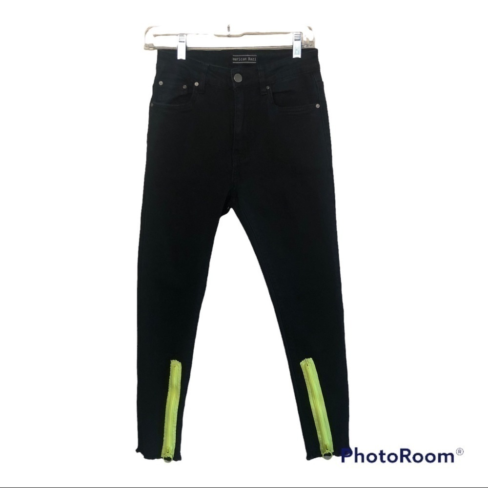 American Bazi Colored Zipper Skinny Fit Frayed Hem Black Jeans Size S